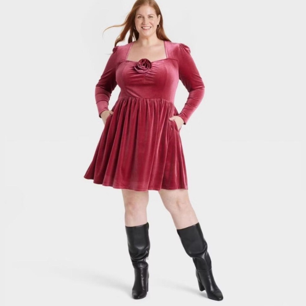 Ava & Viv Dusty Red Velvet Long Sleeve Midi Dress Rosette Appliqué Size 1X NWT